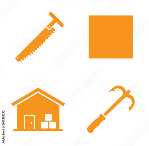 Foto Four orange on a white background, showing a two-handled, saw, a solid, square,