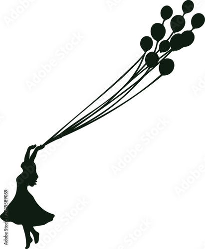 Cuadro en lienzo Silhouette of a woman holding a bunch of balloons soaring into the sky on transp