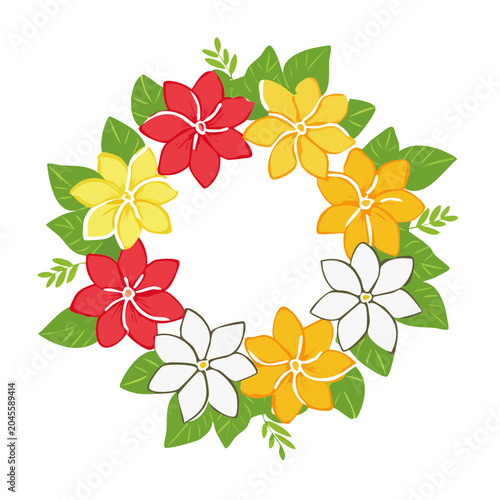 Colorful flower wreath with green leaves on white background