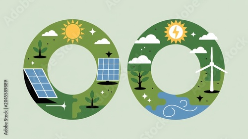 Vibrant circular emblems showcasing renewable energy sources like solar and wind power alongside nature's elements