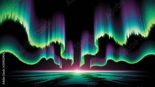 Vibrant aurora borealis dancing across a dark night sky above a reflective surface.