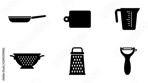 Cuadro en lienzo Kitchen Utensils Icons: Frying Pan, Cutting Board, Measuring Cup, Colander, Grat