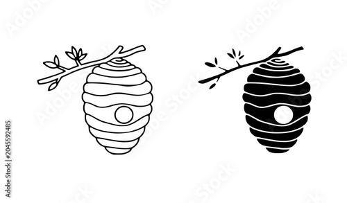 Beehive Hanging from Tree Branch Icon Set Featuring Wild Wasp Nest Template in Outline and Black Silhouette Graphic Illustration