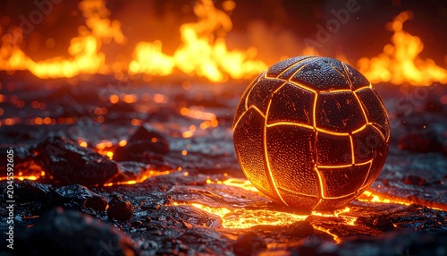 A spherical object, segmented, glows amidst flames and hot rock in an infernal scene. Blurry embers and fire surround the object