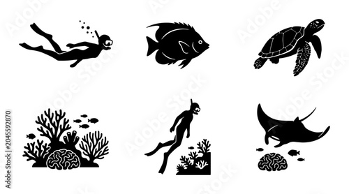 Schilderij op canvas Underwater Sea Life Icons: Divers, Turtle, Fish, Coral, Ray