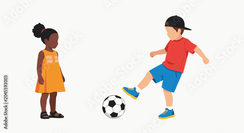 фотографія Diverse children enjoying playtime with a soccer ball, a vibrant vector illustra
