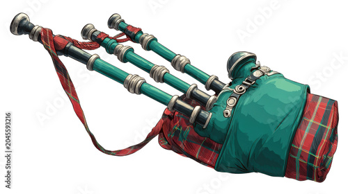 Traditional Scottish bagpipes musical instrument featuring tartan fabric cultural heritage folk music performance and ceremonial expression on White background