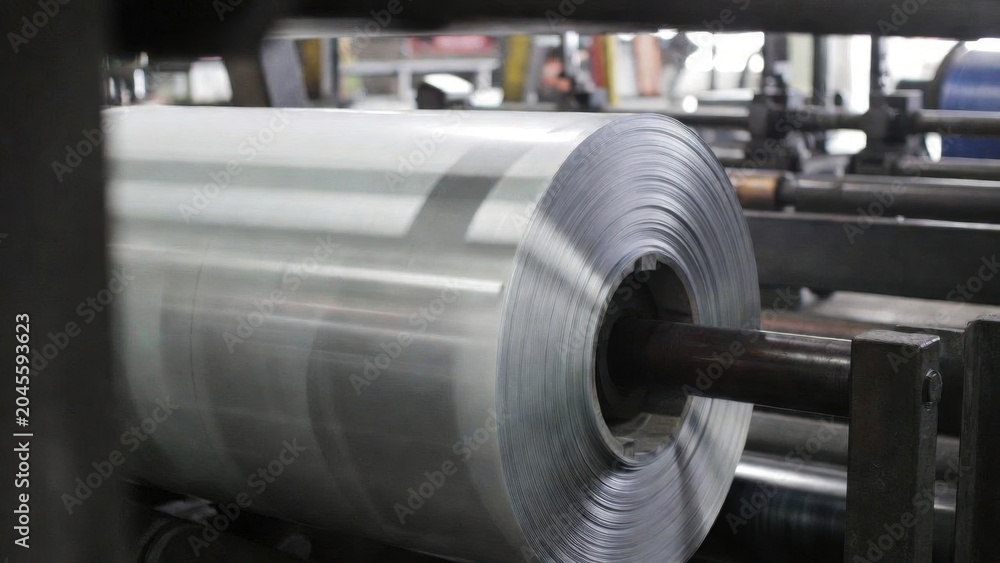 Fototapeta premium Steel coil rotating on industrial rolling machine in factory