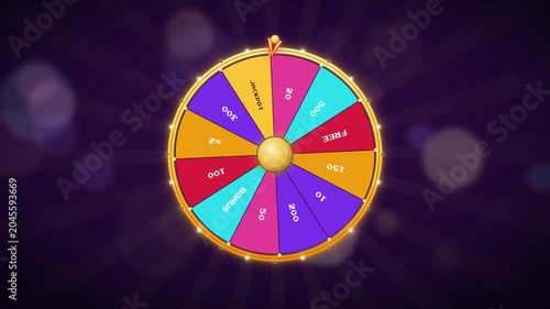 Spinning prize wheel fortune game animation landing on jackpot with golden sparkle on purple