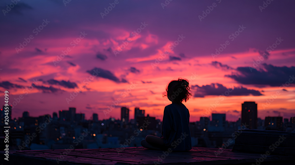 Fototapeta premium silhouette of child gazing at sunset