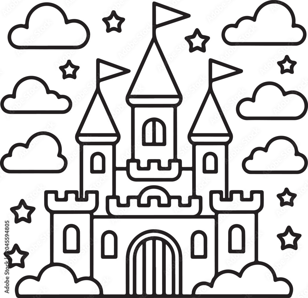 Fototapeta premium Fairytale castle with stars and clouds in black and white line for coloring book des