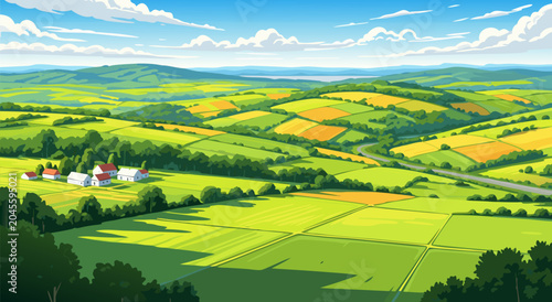 Obraz na plátně Picturesque Rural Landscape with Farmland and Village vector illustration, idyll