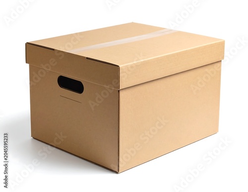 A square cardboard storage container, light brown in color, with a lid and handle cutouts, resting on a white surface