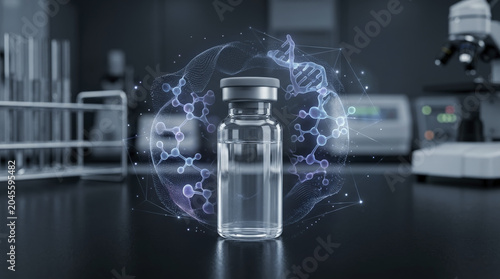 Cutting-edge medical research vial with abstract DNA and molecular structures in a dark, high-tech laboratory setting.