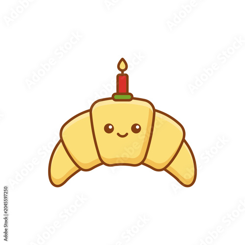 Cute Croissant Character with Birthday Candle, Kawaii Food Art