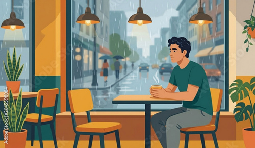 Calm Man Sitting by Coffee Shop Window and Gazing Outside During Rainy Day