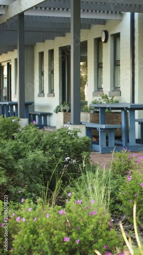 Vertical video: Panning camera revealing garden bed shrubs and purple blooms, showcasing blue bench