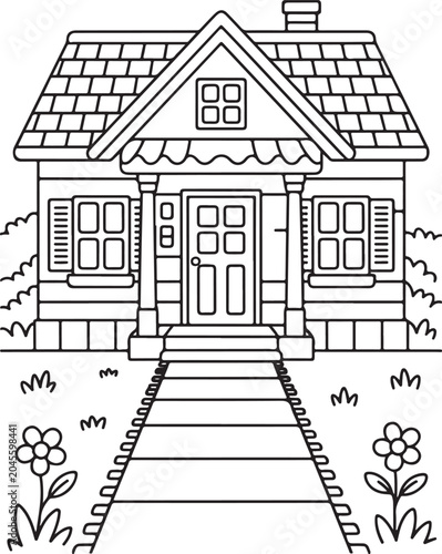 Coloring page for children showing a small house with a path, windows, and flowers in the front