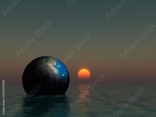Foto 夕陽と水面に浮かぶ地球