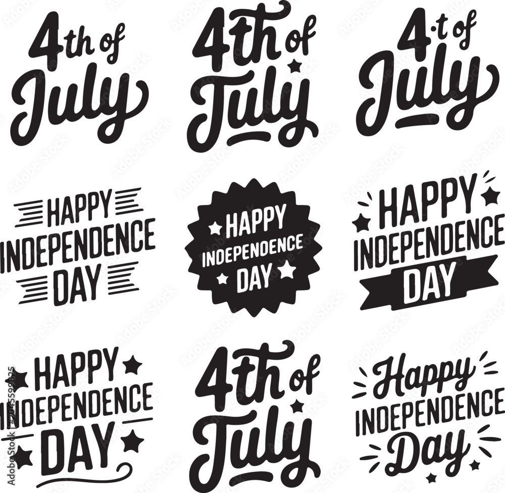 Obraz premium A collection of nine 4th of july and independence day typographic on a white background, happy desi