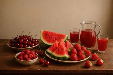 Juneteenth watermelon feast and red drinks, freedom celebration, African American heritage, emancipation day gathering, community tradition, cultural pride, festive summer table. Generative AI.