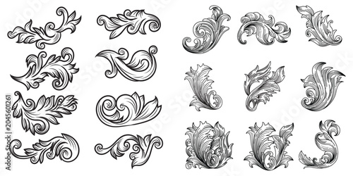 Baroque Floral elements vector Black