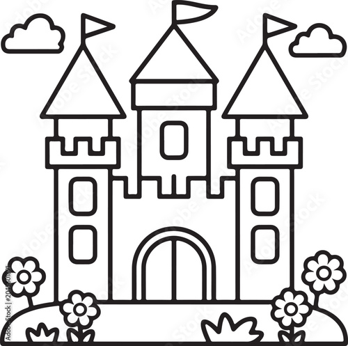Simple black and white line of a castle with flowers and clouds for coloring page fairytale nature