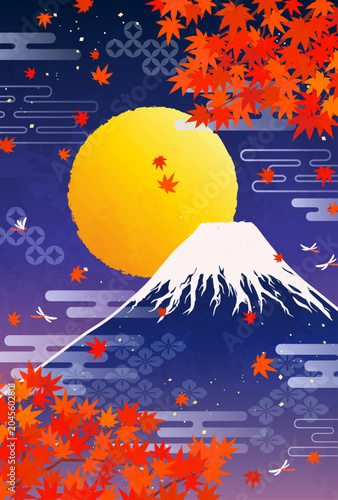 Tableau sur toile 紅葉と富士山と満月のイラスト4_縦