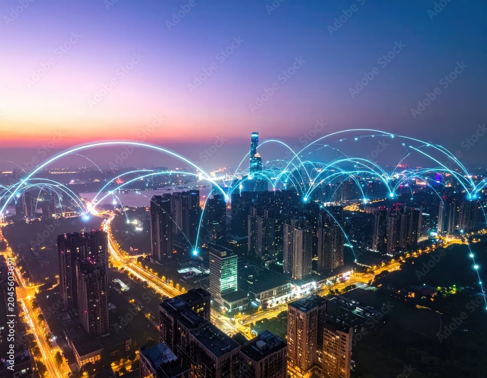 Obraz premium Global Network Connections Overlaying a Modern Cityscape at Dusk.