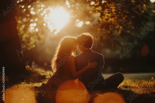 A young couple sits on the ground, embracing each other and enjoying their time together in a park during the summer, Generative AI