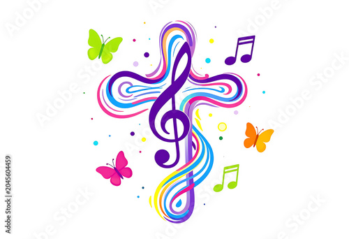 Colorful Christian cross with music notes and butterflies illustration
