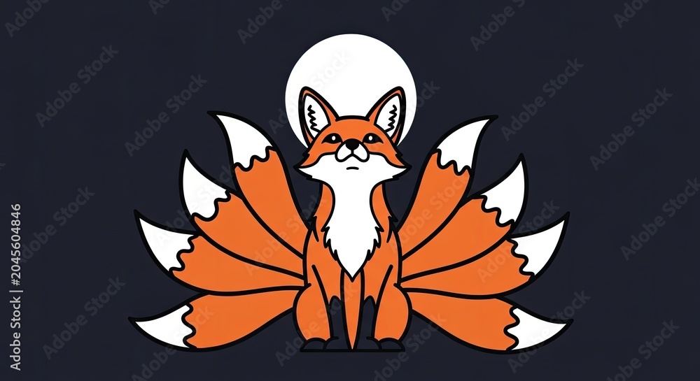 Naklejka premium Cartoon kitsune nine-tailed fox sitting under white moon.