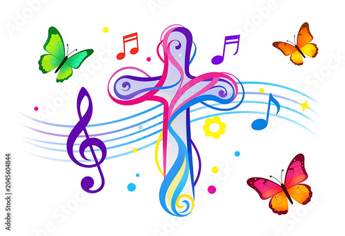 Christian praise and worship concept with colorful cross vector art
