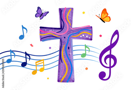 Bright religious cross design with musical symbols and waves isolated