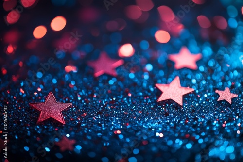 Red, white, and blue background with glittering stars and bokeh effect National Day with copy space area, Generative AI