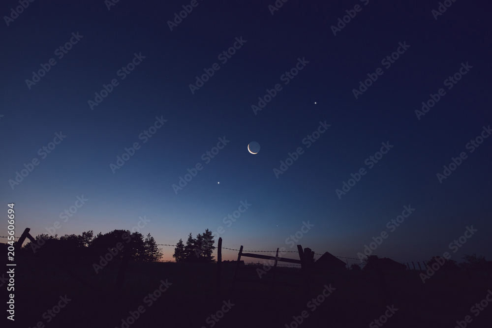 Obraz premium Morning old Moon with stars, planets and rural countryside tree silhouettes.
