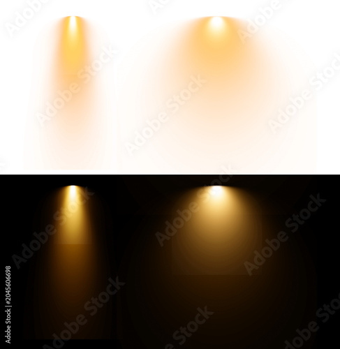 Golden spotlight beam collection on transparent background bright stage lighting effect illuminated floor lamp cone for event presentation exhibition design template.