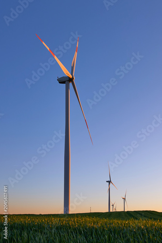 Wind turbines at sunset in green field – renewable energy, clean power, sustainable future.