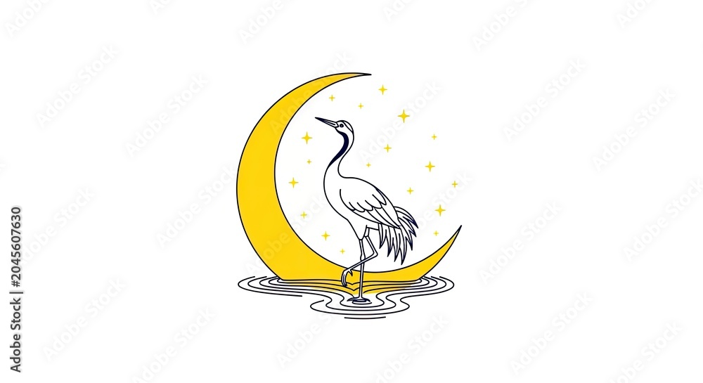 Obraz premium Elegant crane bird silhouette standing on a crescent moon