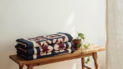 Juneteenth Heritage Quilt on Wooden Bench with Plant Accent. Generative AI.