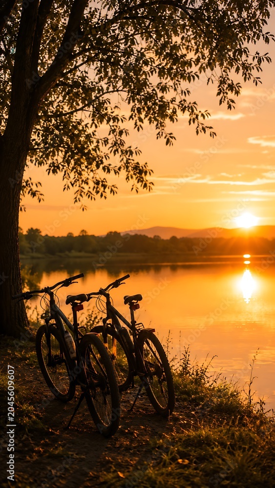 Fototapeta premium Two bicycles parked under a large tree by a serene lake, reflecting the vibrant orange and yellow hues of a beautiful sunset.