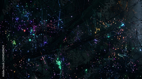 Abstract digital artwork featuring glowing multicolored particles and intricate dark web patterns illuminated by vibrant neon lights 