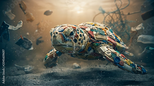 A sad sea turtle made from discarded plastic waste floating through a polluted murky ocean environment with soft golden lighting capturing a powerful environmental message