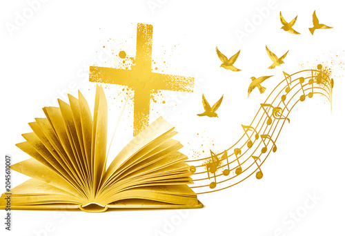 Golden open bible with Christian cross and music notes illustration