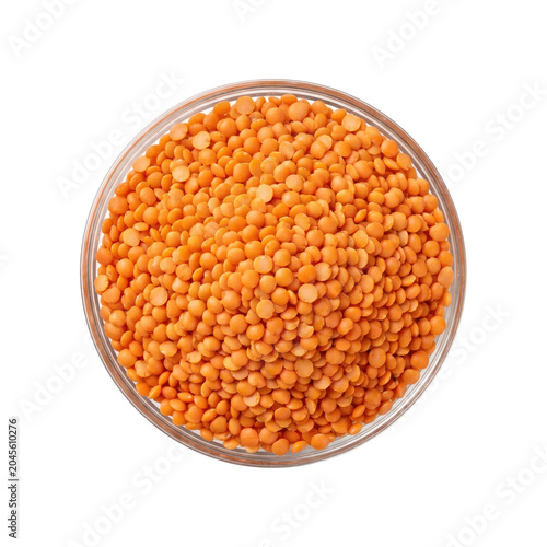 Red lentils in a glass bowl isolated on transparent background