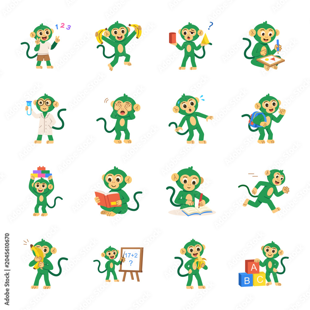 Obraz premium Educational and playful monkey icons with learning, reading, running, teaching, sports, and school-themed cartoon activities.