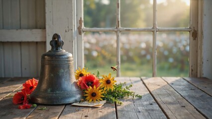 Juneteenth Freedom Bell on Rustic Table with Flowers and Window Light. Generative AI.