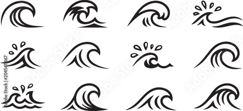 Bild auf Leinwand Waves of ocean water line icons set of sea tide splashes