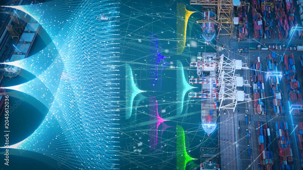 Fototapeta premium Glowing digital data streams and AI management networks overlaid on a commercial cargo container ship port. Smart maritime logistics, artificial intelligence supply chain, and future shipping tech