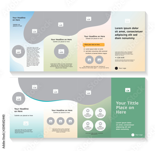 A versatile four-fold business template features contemporary abstract shapes, gradient complementary colors, and customizable placeholders